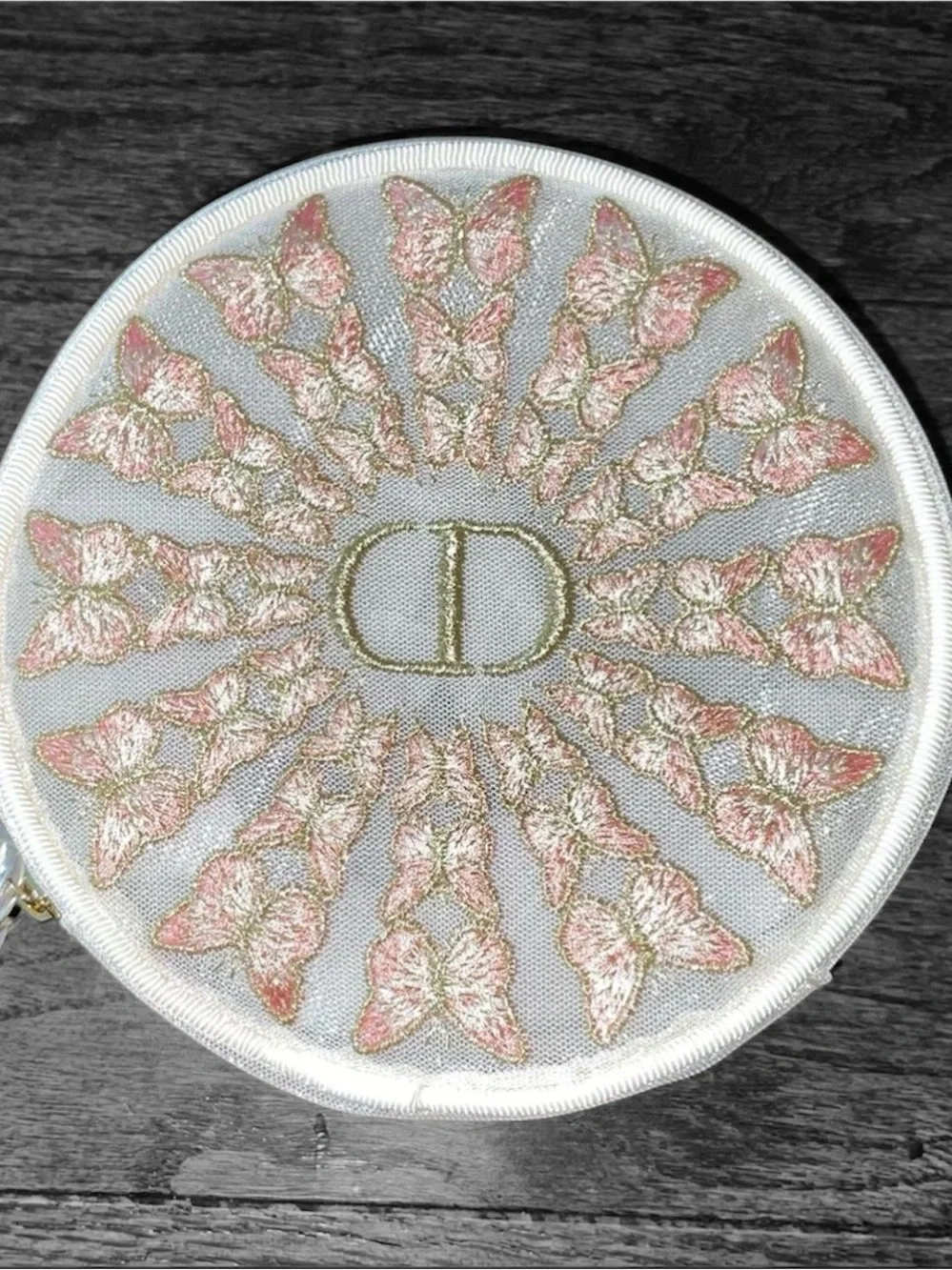 Dior Round Embroidered Butterfly Coin Case in Pink & Cream with Gold Accent